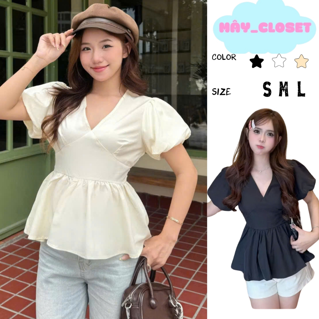 Áo FIORA Tay Bồng Cổ Tim Dáng Xoè Mùa Hè Mây_Closet