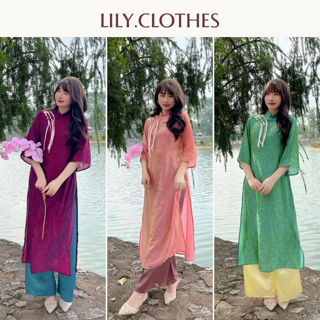 Lily.clothes- Áo dài Vân Hy- Áo dài tơ tằm nha xá cổ trụ gắn khuy dây điệu đà kèm quần lụa (AD01)