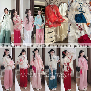  ANNA T. BOUTIQUE - Set áo cách tân nữ cổ tàu thêu hoa nổi đính nơ xẻ tà phối quần suông lụa tiểu thư 
