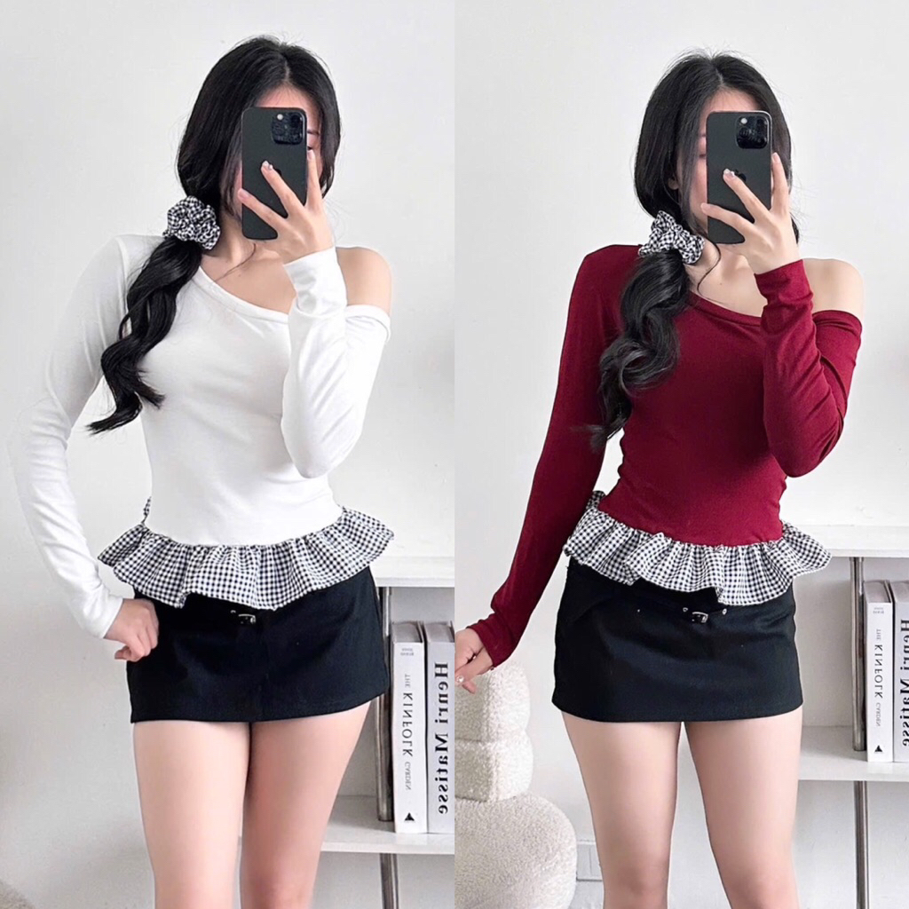 Áo kiểu lệch vai chất thun ôm dáng dài Phong cách Hàn Quốc A225