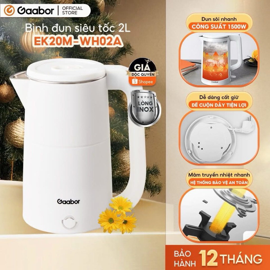 Ấm Siêu Tốc Gaabor EK20M-WH02A 2L – Inox 201, Đun Nước Nhanh 1500W, An Toàn Tuyệt Đối