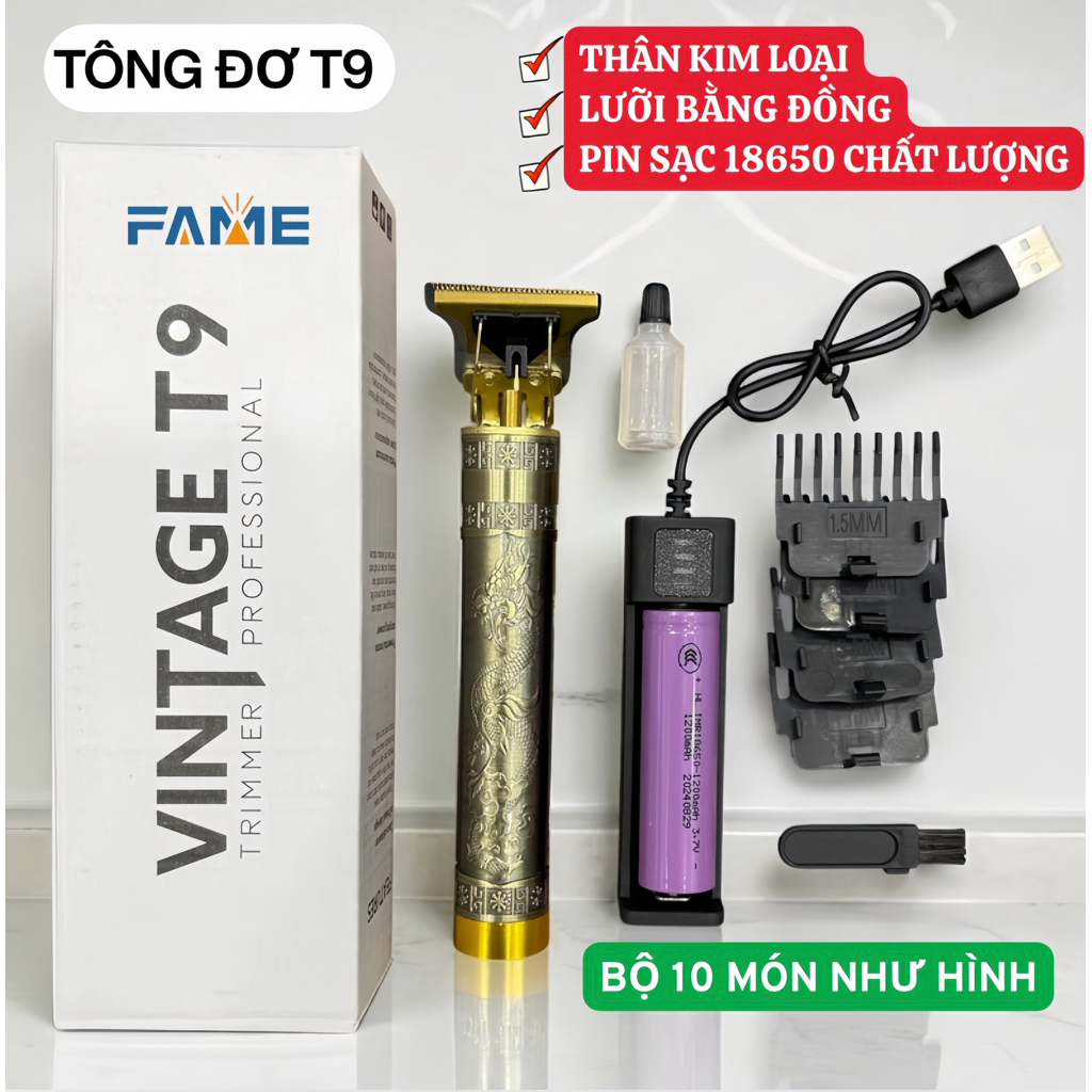 Tông Đơ Cắt Tóc Cạo Chấn Viền T9 Không dây, Tông đơ cạo cắt tóc chấn viền, Thân Kim Loại【TÔNG ĐƠ T9】
