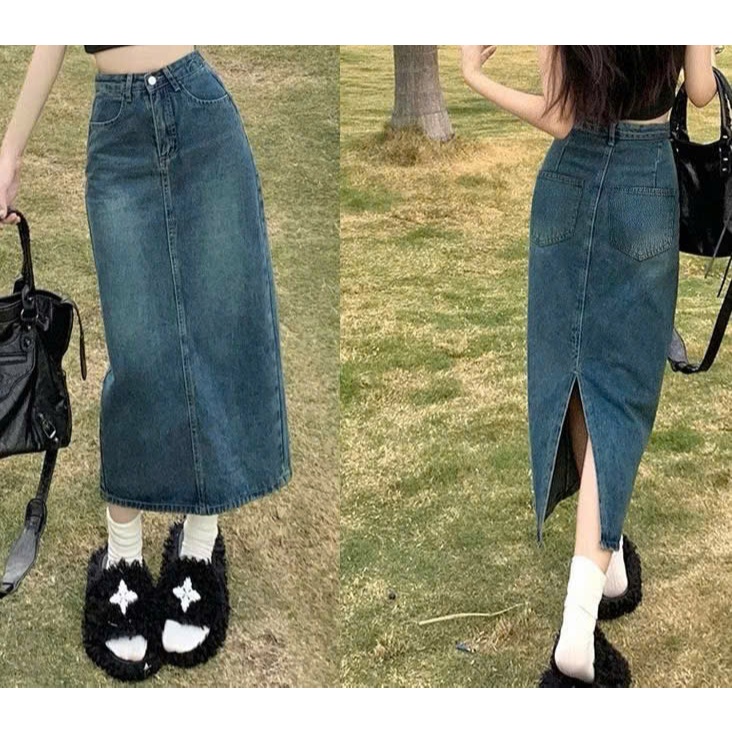 Chân Váy Jean Dáng Dài Màu Xanh 4535 Phom Chữ A Siêu Dài 77cm Xẻ Sau, Bigsize 55-91kg, Cap Cao