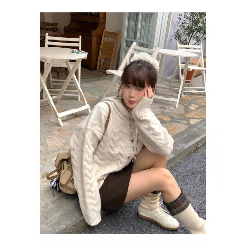 Áo len cardigan có mũ họa tiết xoắn thừng cổ điển vintage phối cúc cài form rộng ống bo basic màu ke