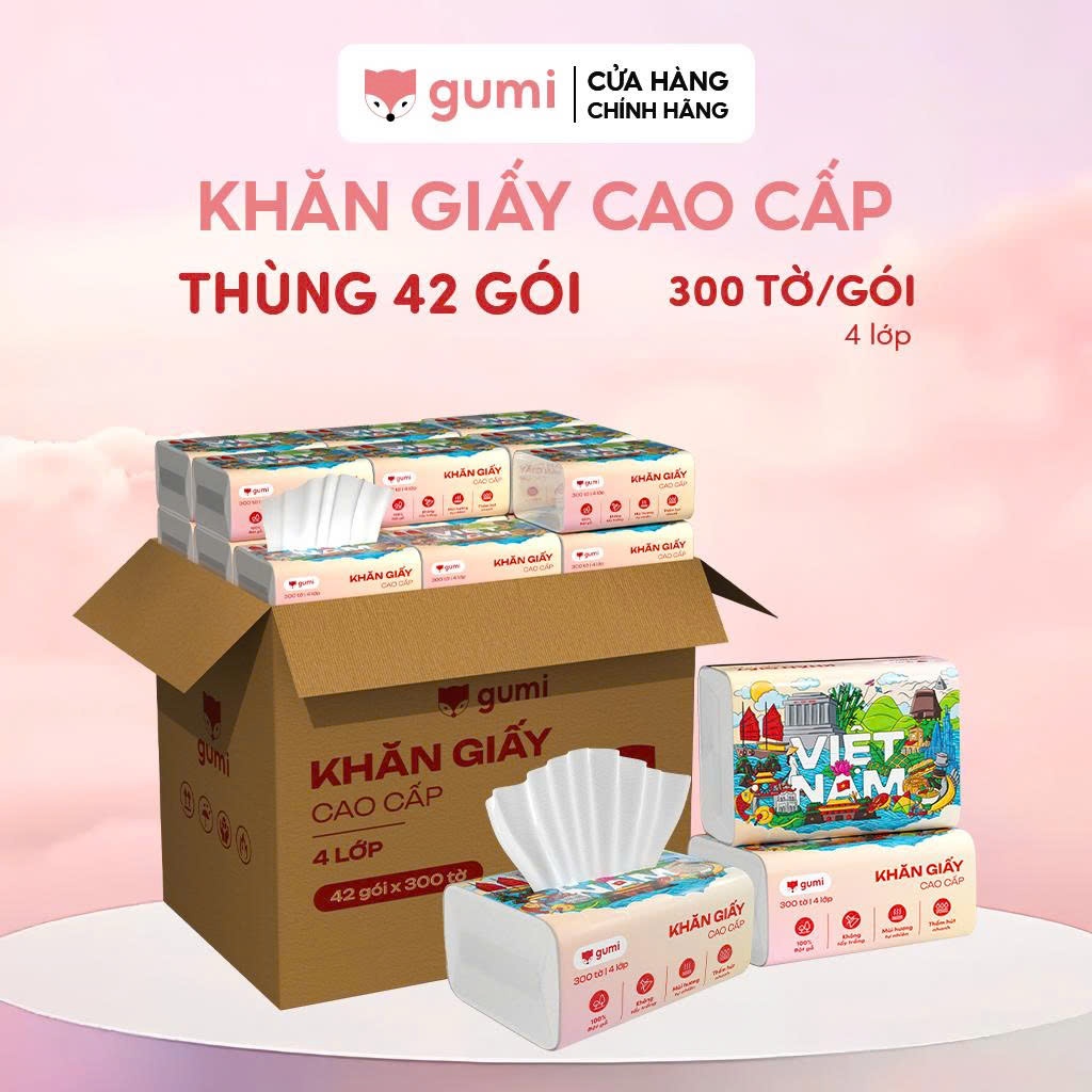 Thùng 42 gói giấy ăn cao cấp Gumi 3 lớp / 4 lớp mềm mịn, tiện lợi Khăn Giấy để Phòng Khách