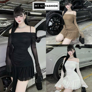 Đầm Váy Ôm Body Hai Dây Chất Vải Thun Lưới Mềm Mịn Tay Dài Hở Vai Cột Nơ Eo Đi Chơi Dự Tiệc Bar Quyến Rũ Tôn Dáng MT97