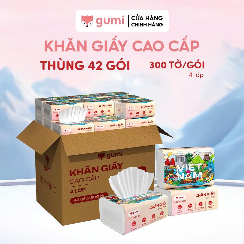 Thùng 42 gói giấy ăn cao cấp Gumi 3 lớp / 4 lớp mềm mịn, tiện lợi Khăn Giấy để Phòng Khách