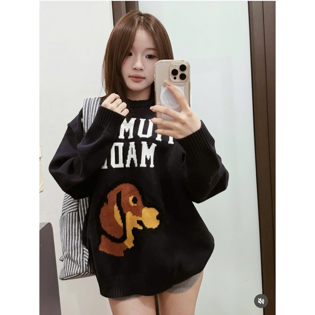 𝟏𝟒𝐚𝐦.𝐬𝐭𝐮𝐝𝐢𝐨 | Áo Len Nữ HUMAN MADE In Hình Cún Dễ Thương, Áo Sweater Len Form Rộng Hàng QC