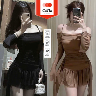  Váy body trễ vai dáng ngắn tay dài đi dự tiệc du lịch CANO CLOTHING đầm 2 dây vải thun lưới co giãn form ôm tôn dáng 