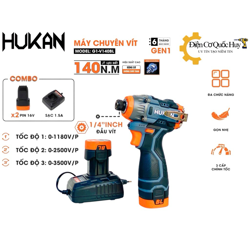 Máy chuyên vít pin 16v mini Hukan G1-V140BL lực siết 140N.m sử dụng động cơ không than