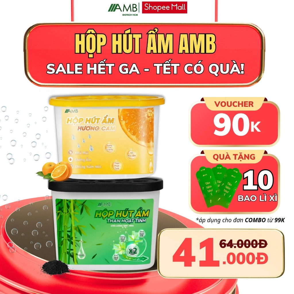 Hộp hút ẩm AMB khử mùi, chống ẩm mốc cho tủ quần áo, tủ giày, phòng ngủ, hương cam, than hoạt tính, hộp 230gr