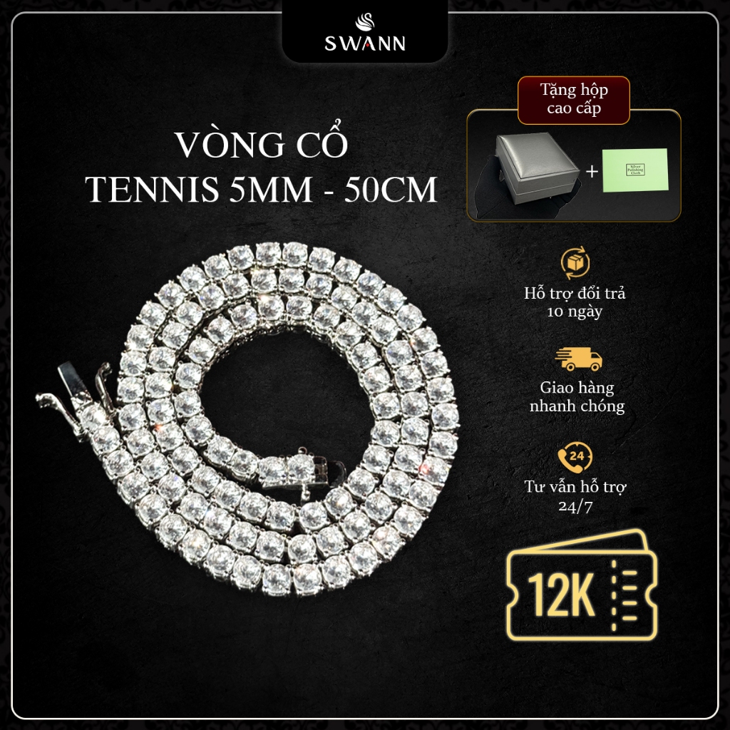 Vòng Cổ Tennis Chain Phong Cách Đính Đá CZ Cao Cấp SWANN, Chuỗi Dây Chuyền Tennis Hiphop