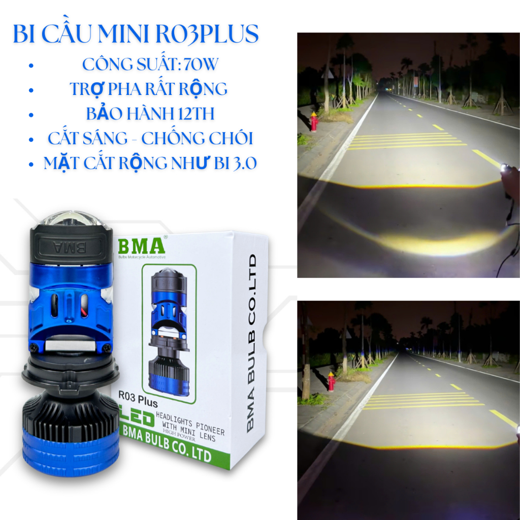 Đèn pha bi cầu mini R03Plus chính hãng BMA đường cắt rộng như bi 3.0 sáng cos như W3f pha như c350