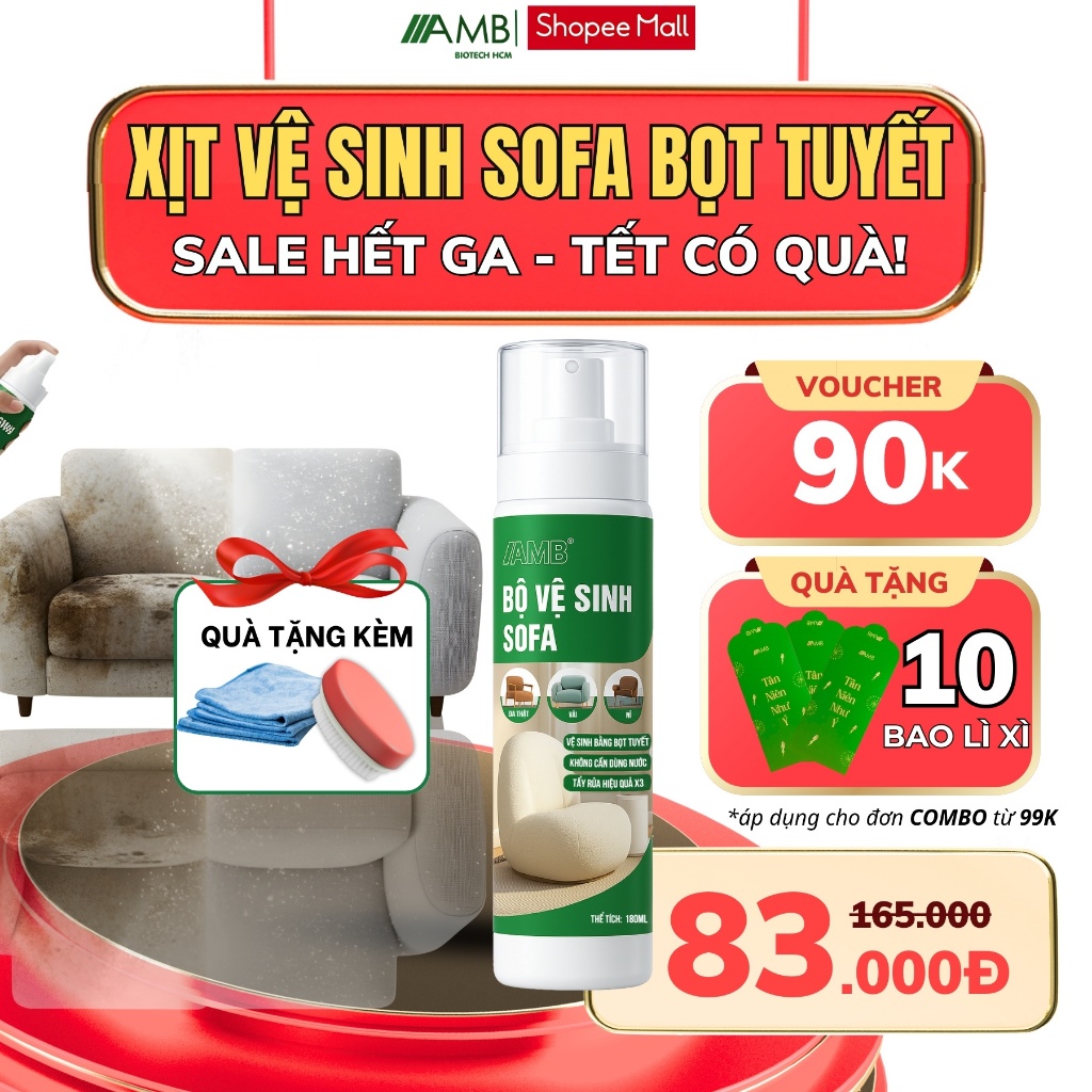 Bộ vệ sinh ghế sofa AMB, làm sạch ghế da, nỉ, nội thất xe ô tô an toàn cho da dạng bọt tuyết chai 200ml