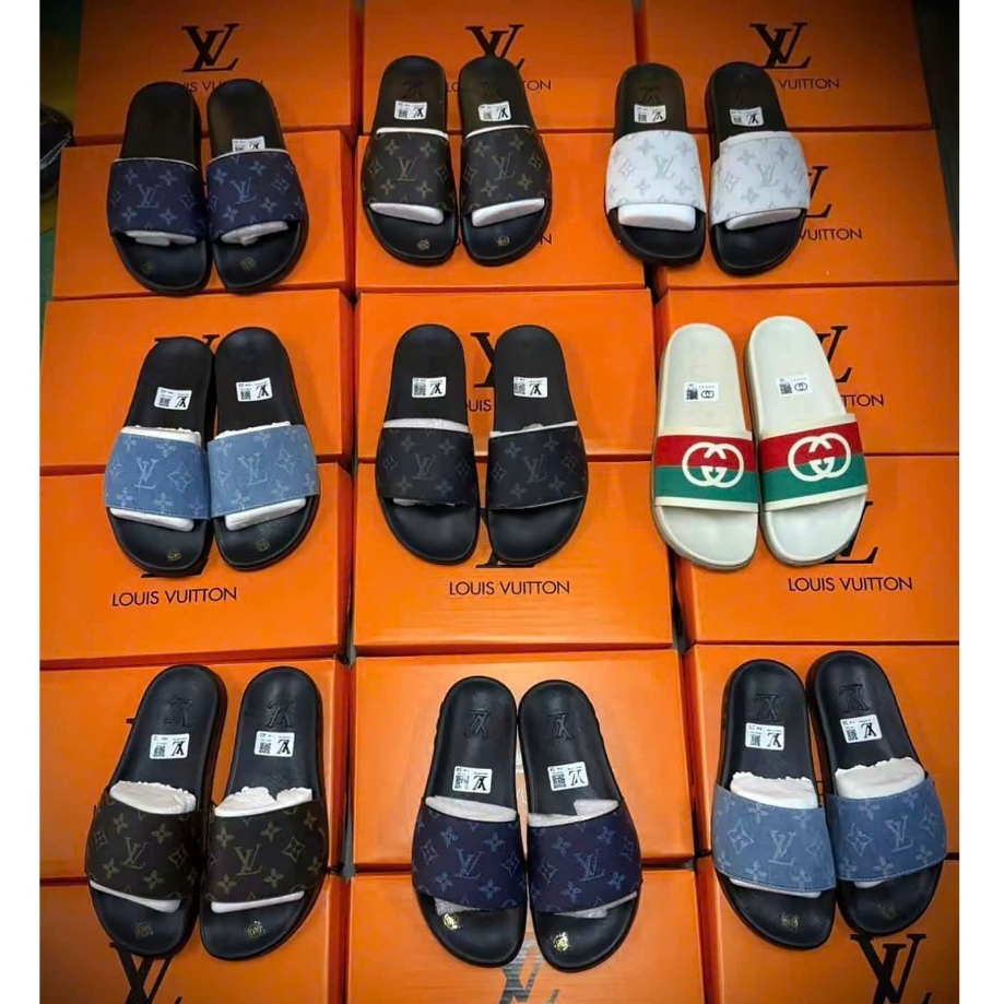 Dép LV Nam Quai Ngang Cao Cấp In Hoa Xanh Cực Đẹp Đế 2 Lớp - Dép L/V Nam Đi Cực Êm Chân , Mẫu Mã Đẹp