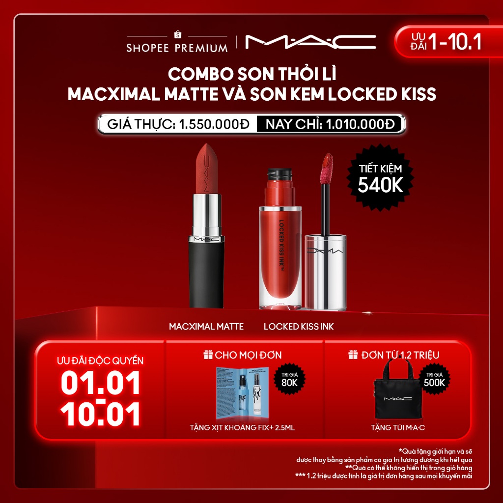   ĐỘC QUYỀN 1-10.1  MAC - Bộ 2 món: Son thỏi Macximal Matte Lipstick Son kem Locked Kiss Ink 