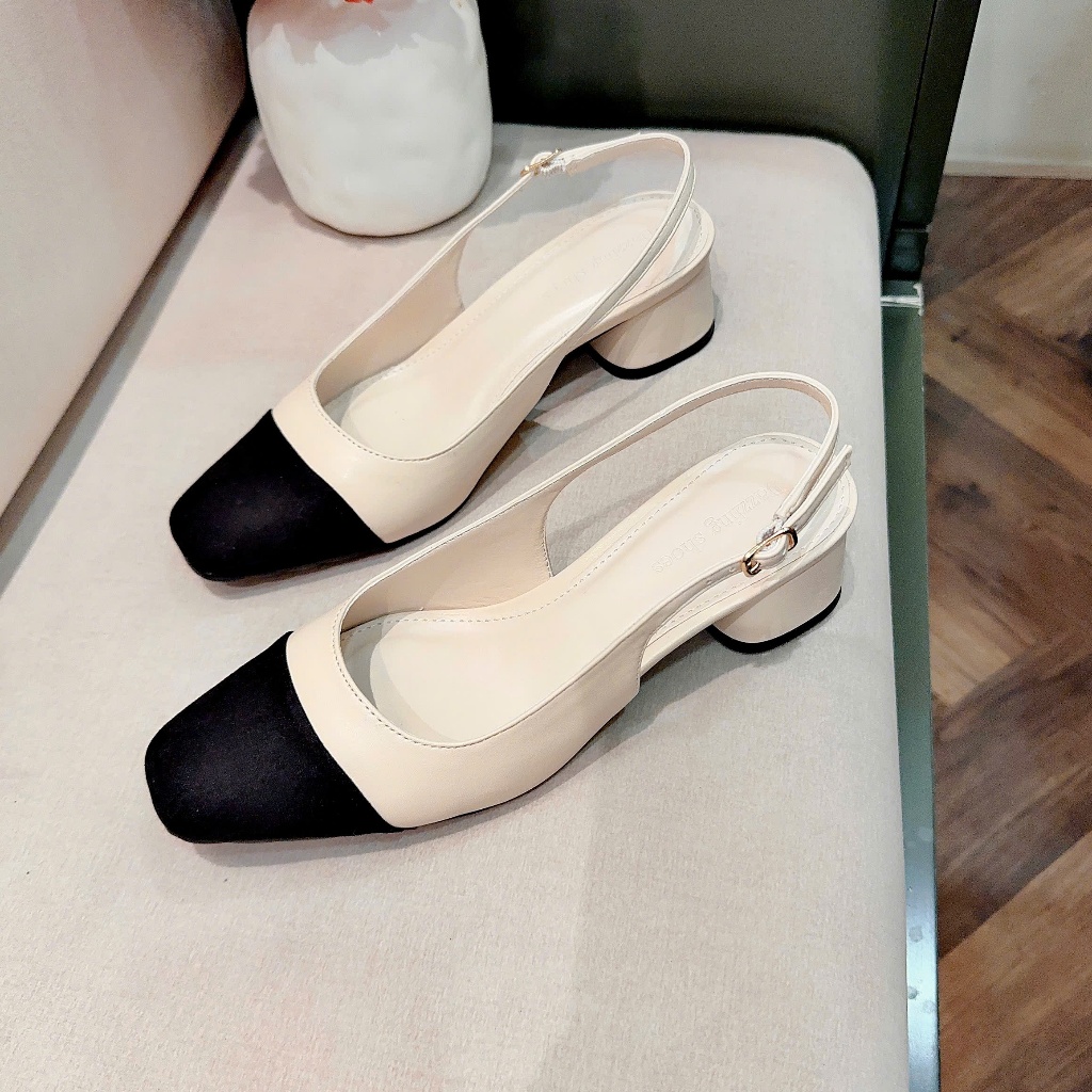 Giày cao gót slingback  nữ 4cm DAZZLING SHOES mũi tròn vá da lộn khóa cài dây sau SLB93