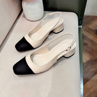 Giày cao gót slingback  nữ 4cm DAZZLING SHOES mũi tròn vá da lộn khóa cài dây sau SLB93