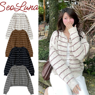  Áo Len Nữ Hàn Quốc Form Rộng Seoluna Áo Cardigan Len Lông Thỏ Kẻ Sọc Ngang Phối Cúc Đồng Hàng QC 