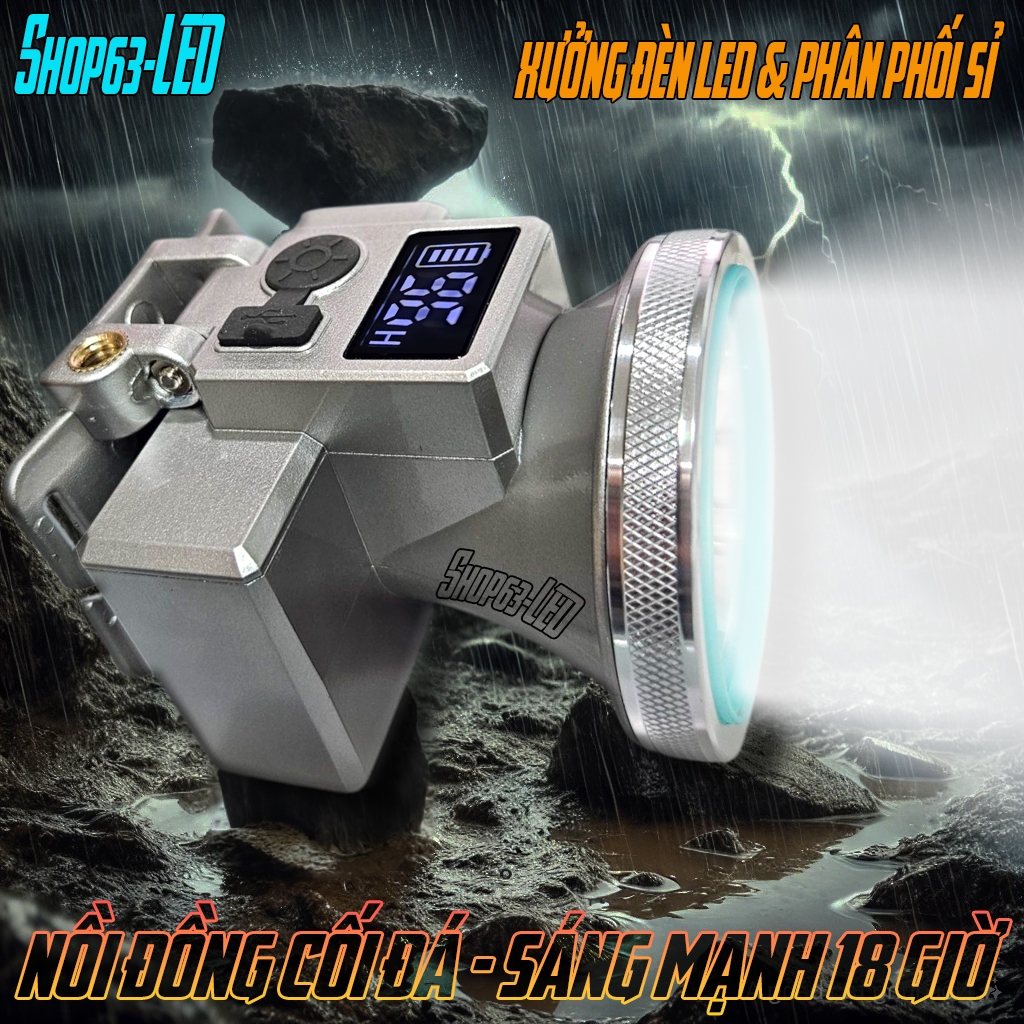 Đèn đội đầu thái lan 503 chóa 6mm, 2 pin dung lượng cao, màn hình to, sáng mạnh 16 giờ (hộp nhựa, dây đeo, cáp sạc)