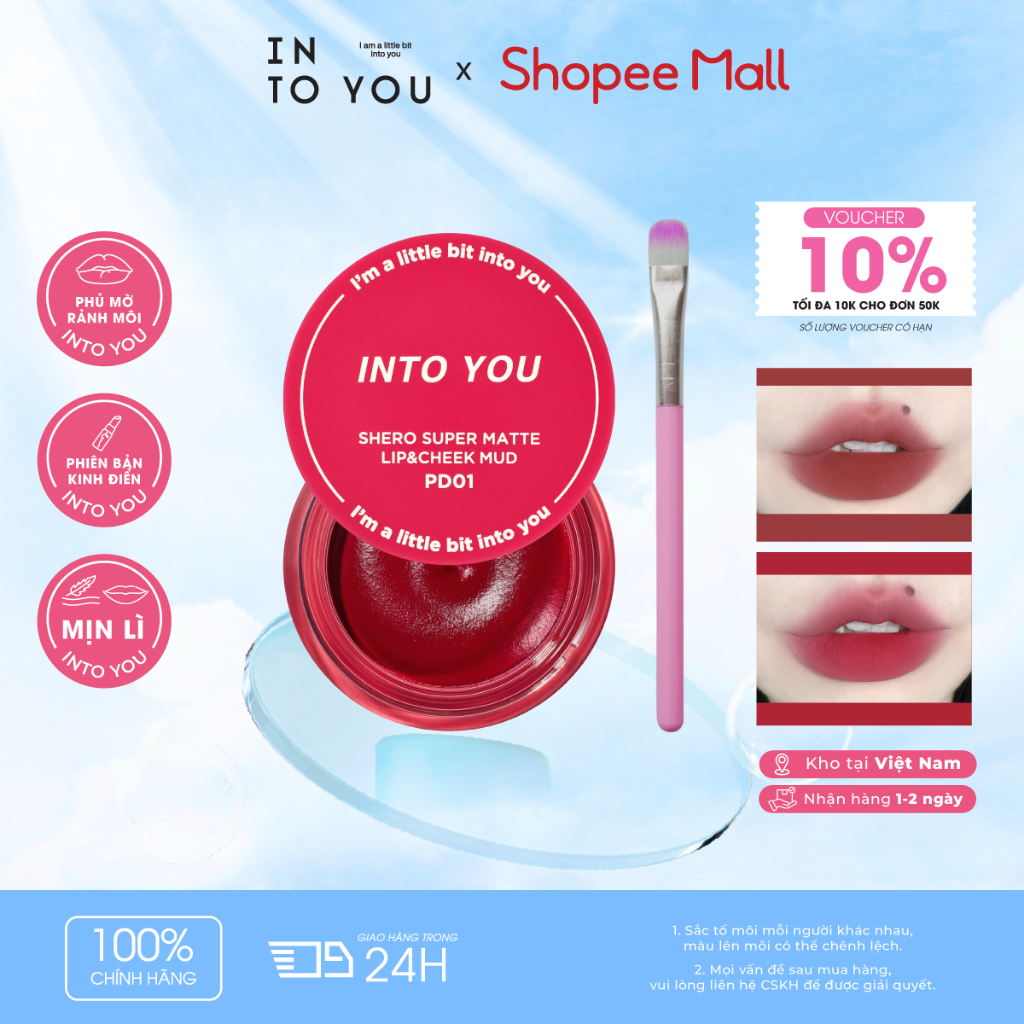 Son Hũ INTO YOU Mịn Chất Son Lì Không Làm Khô Môi Dễ Tán Tặng Kèm Cọ Tán Dùng Cho Môi Và Má PD01