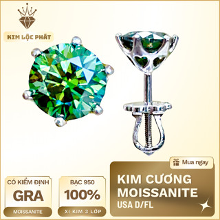  Bông tai nam Khuyên tai nữ nụ đá Moissanite xanh lá green 58 giác 4-6ly bạc xi kim 6 chấu khóa vặn 