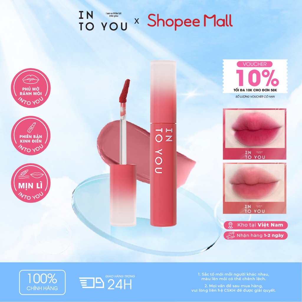  Son Bóng INTO YOU Dạng Tint Nước Bóng Không Dính Bết Căng Mọng Cấp Ẩm Tốt Makeup Tự Nhiên W01 2.6g 