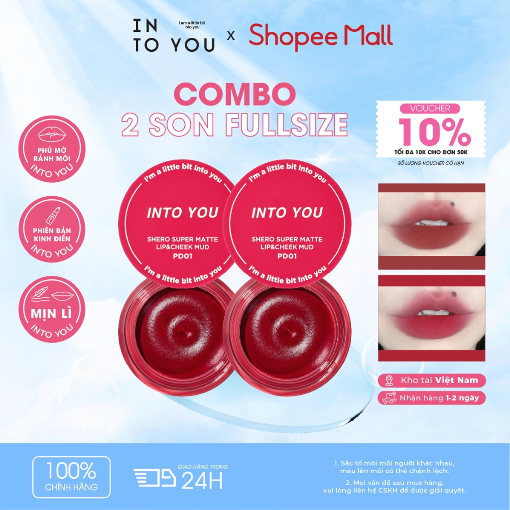 Combo 2 Son Bùn Hũ INTO YOU Chất Son Mịn Xốp Lì Nhẹ Không Dính Cốc Tặng Kèm Cọ PD01 5g