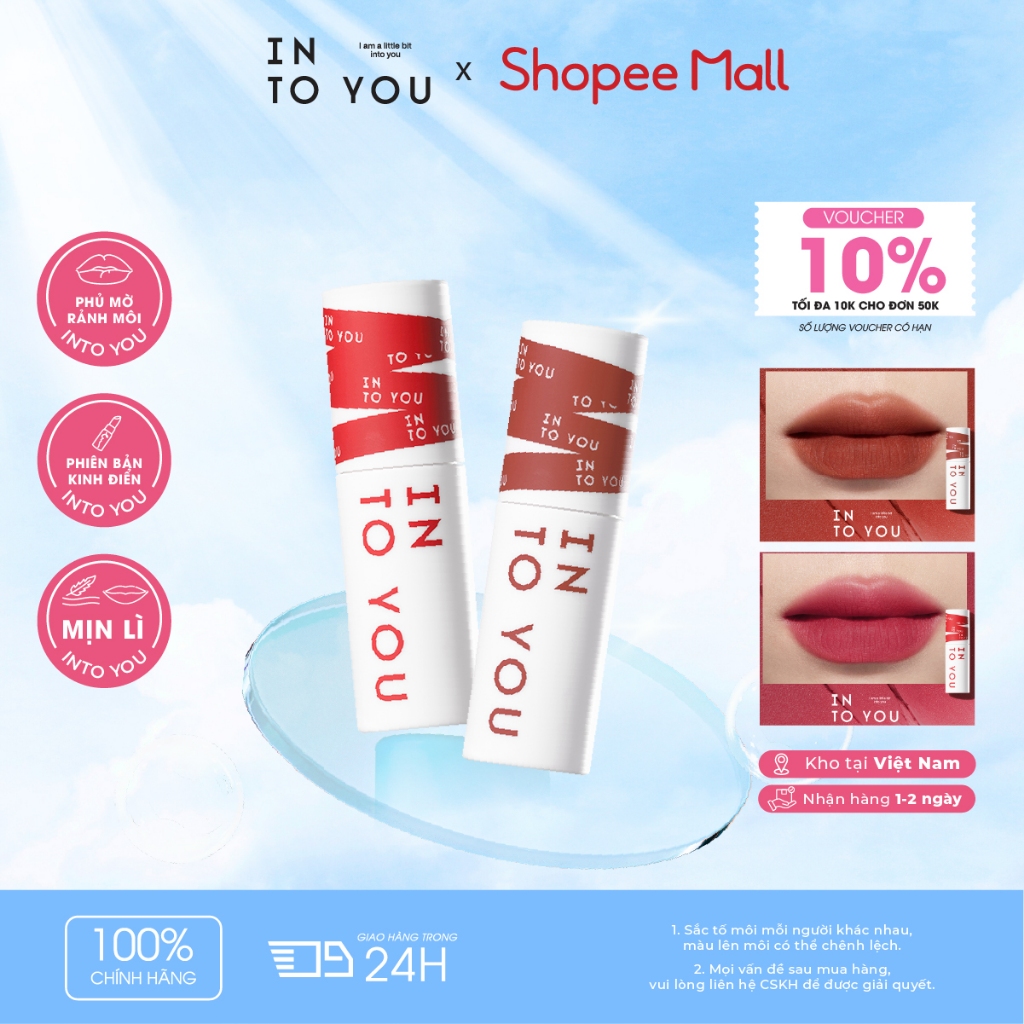 [VÕ HÀ LINH x INTO YOU] COMBO 2 Son Bùn Nữ Chính Lì Mịn Độ Che Phủ Tốt Lấp Đầy Rãnh Môi Em01 2g x 2