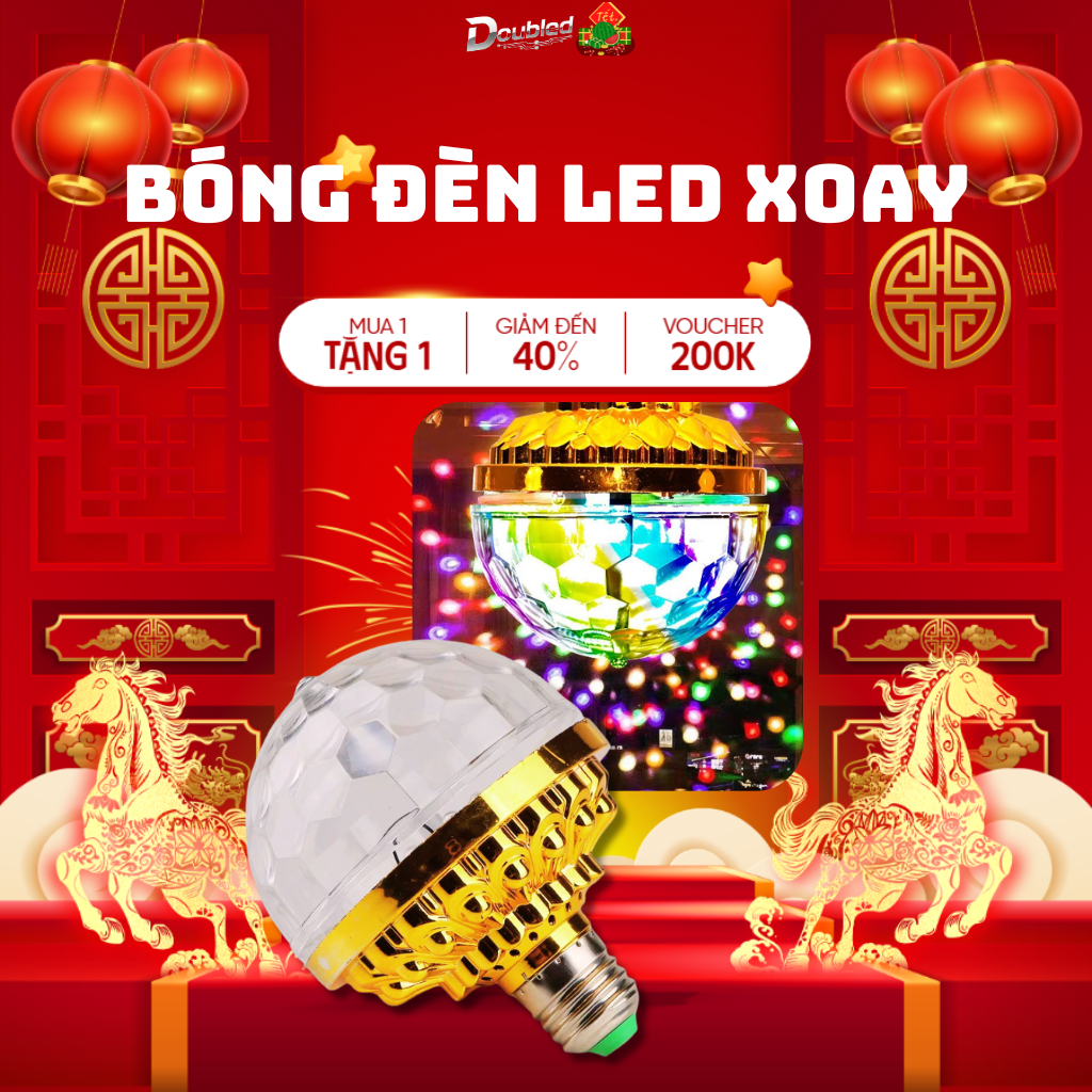 Bóng Đèn Cầu Disco Pha Lê Xoay 360 Độ, Đèn LED Nháy 7 Màu Cắm Chuôi E27