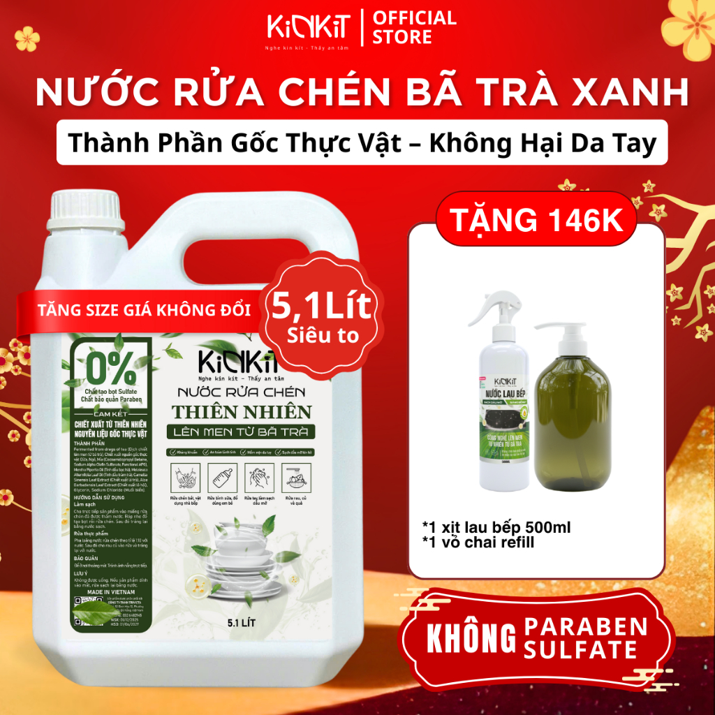  Nước Rửa Chén Hữu Cơ Bã Trà Xanh Lên Men KinKít Can 5.1L Siêu Tiết Kiệm Dịu Da Tay Kháng Khuẩn 