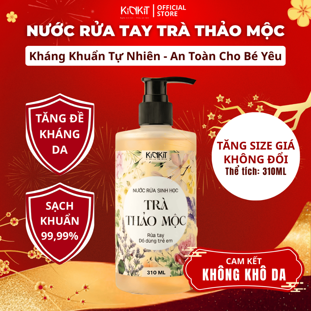 Nước Rửa Tay Hữu Cơ Trà Thảo Mộc KinKít Diệt Khuẩn, Khử Mùi, Dưỡng Ẩm Da Tay, An Toàn Cho Bé 310ML