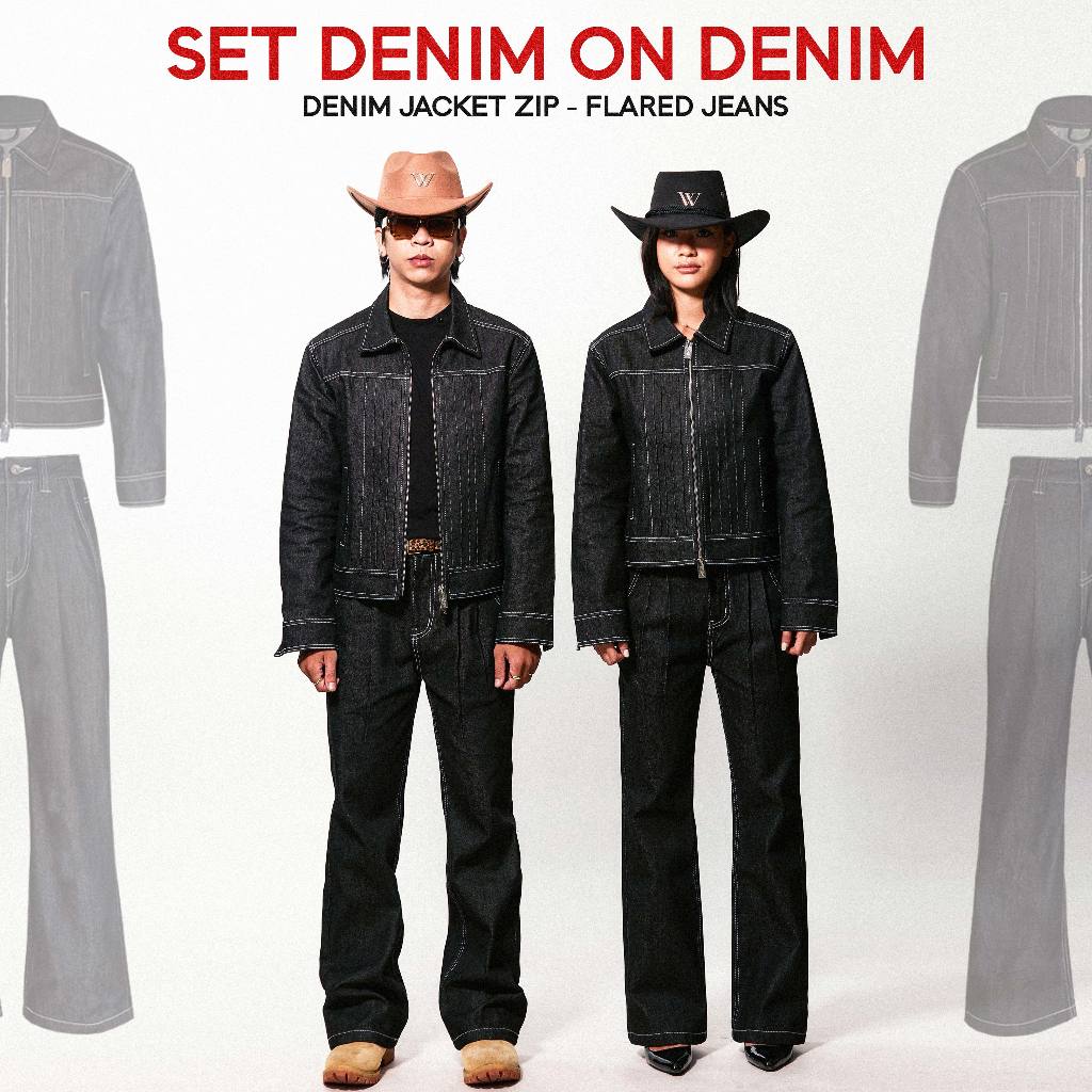 Áo khoác denim WHO, Set denim on denim, Denim jacket zip kèm quần flared jeans
