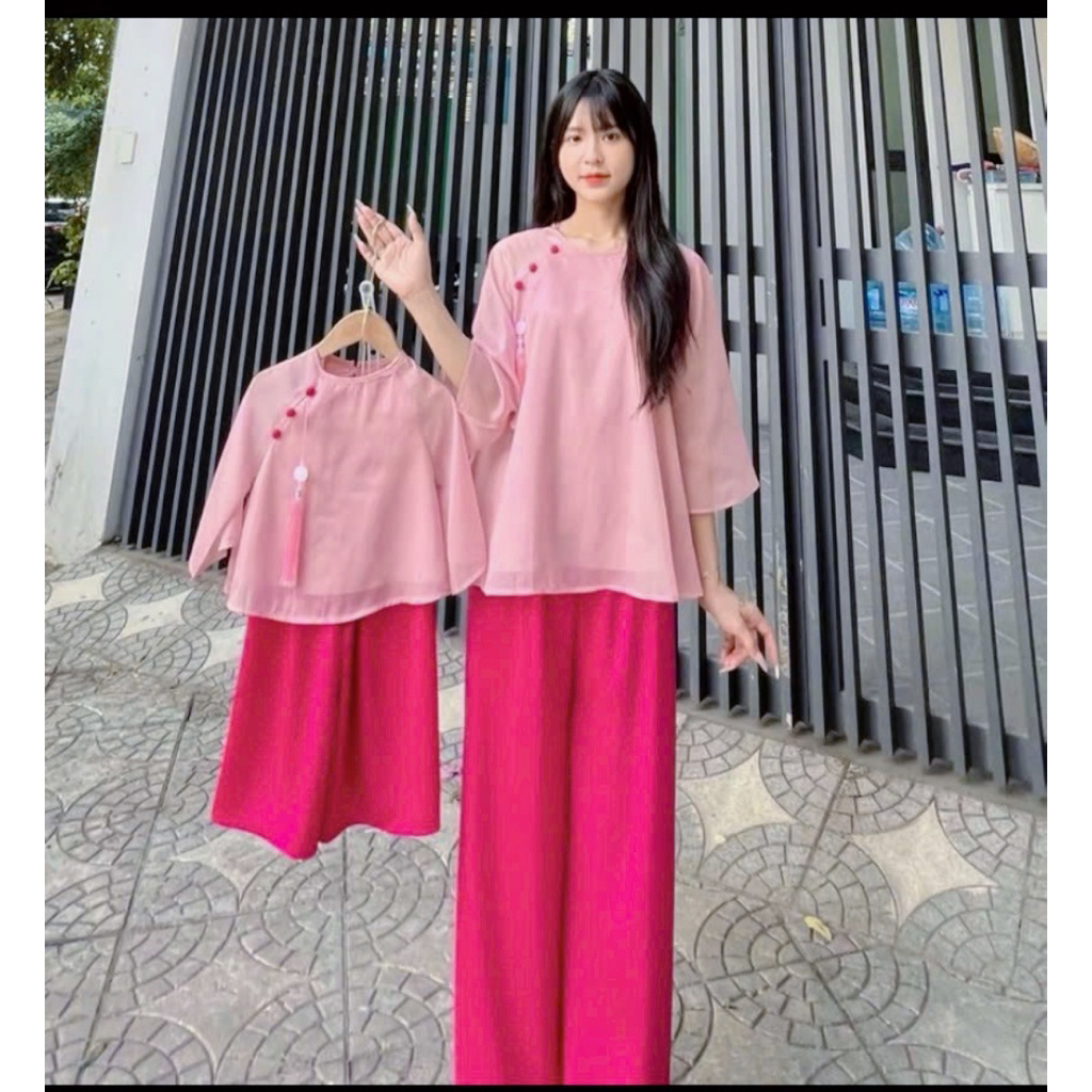 [Sale hàng lẻ size] Set đồ lam mẹ và bé gái - set áo cánh dơi 2 lớp kèm quần phi lụa đi chùa cho mẹ bé