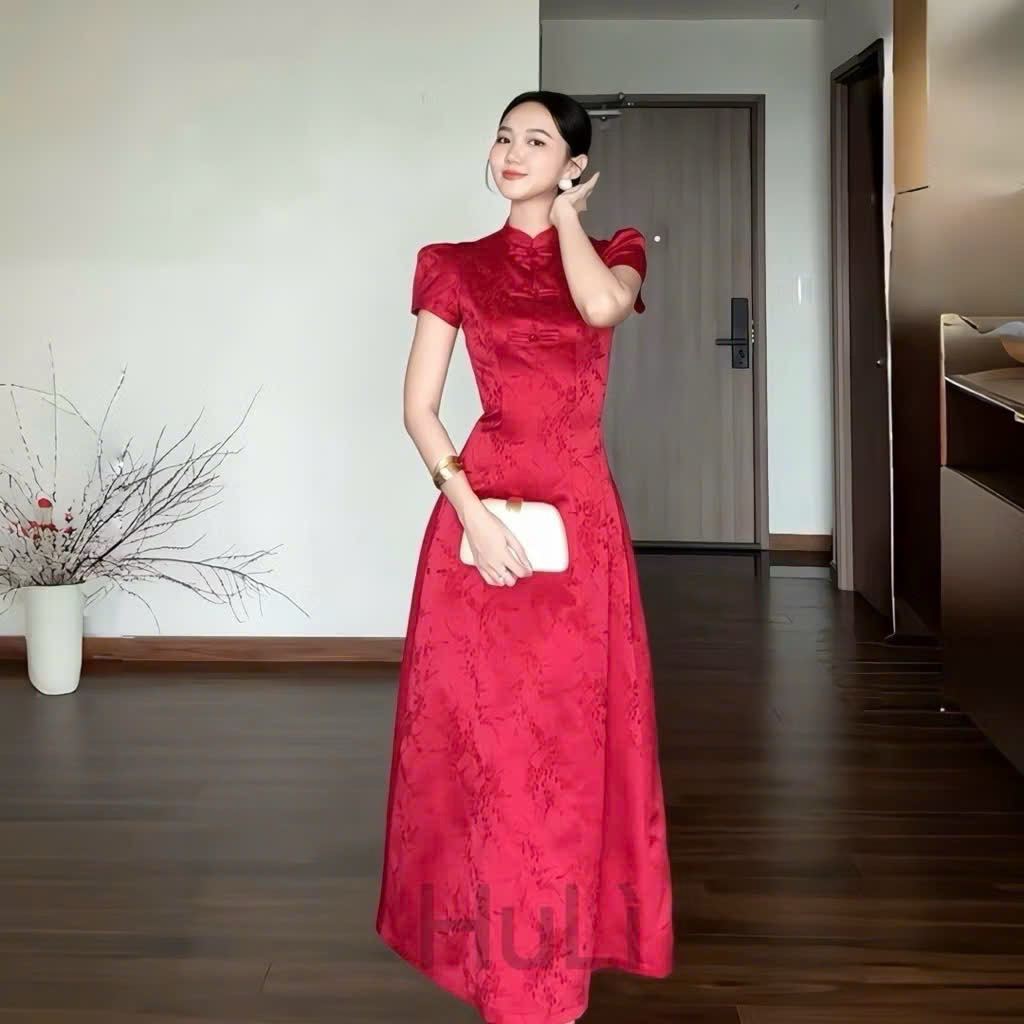 (TẾT 2026) ĐẦM GẤM CỔ TÀU TAY PHỒNG - 2 MÀU