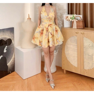 Đầm lụa mango cổ yếm hoa nhí dáng ngắn trẻ trung