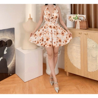 Đầm lụa mango cổ yếm hoa nhí dáng ngắn trẻ trung