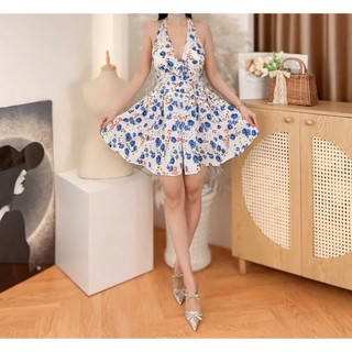 Đầm lụa mango cổ yếm hoa nhí dáng ngắn trẻ trung