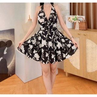 Đầm lụa mango cổ yếm hoa nhí dáng ngắn trẻ trung