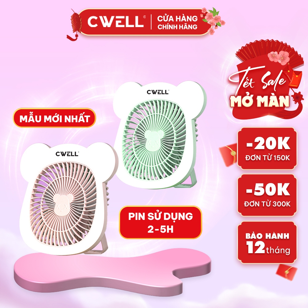 Quạt mini để bàn, quạt tích điện 3 tốc độ CWell kèm dải 25 đèn Led, có móc treo