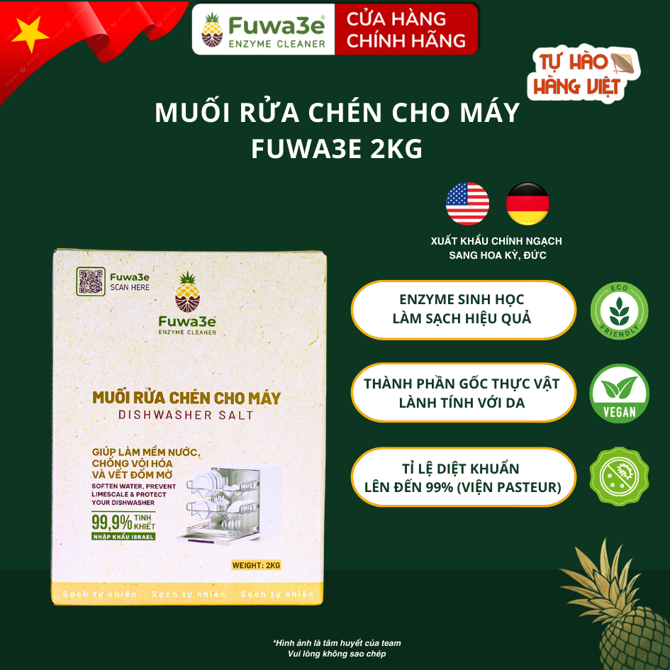 Muối Rửa Bát Cho Máy Fuwa3e 2Kg >99% NaCl Tinh Khiết, Làm Mềm Nước Cứng, Hạn Chế Vệt Trắng.