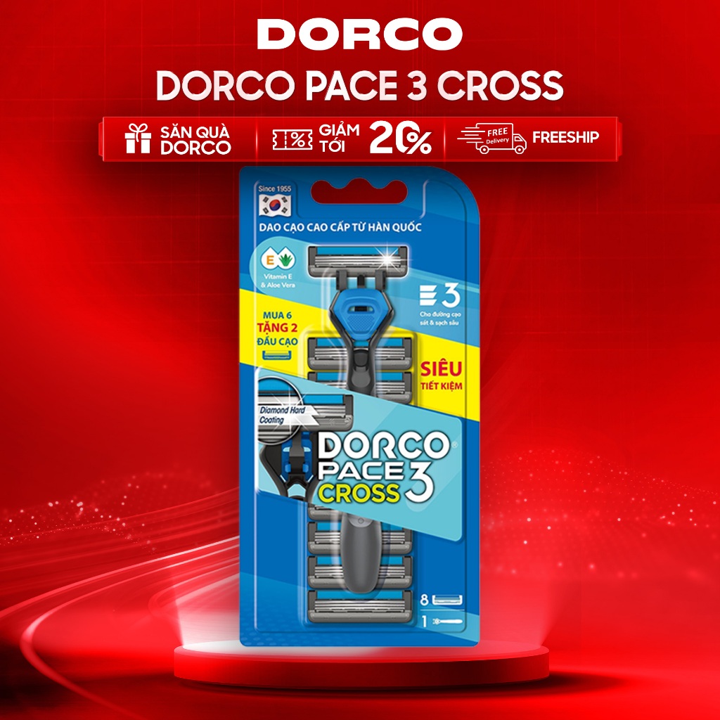 Dao Cạo Râu Hàn Quốc 3 Lưỡi DORCO PACE 3 CROSS - TRC1008(6+2)-B - Hộp 1 Cán và 8 Đầu Cạo