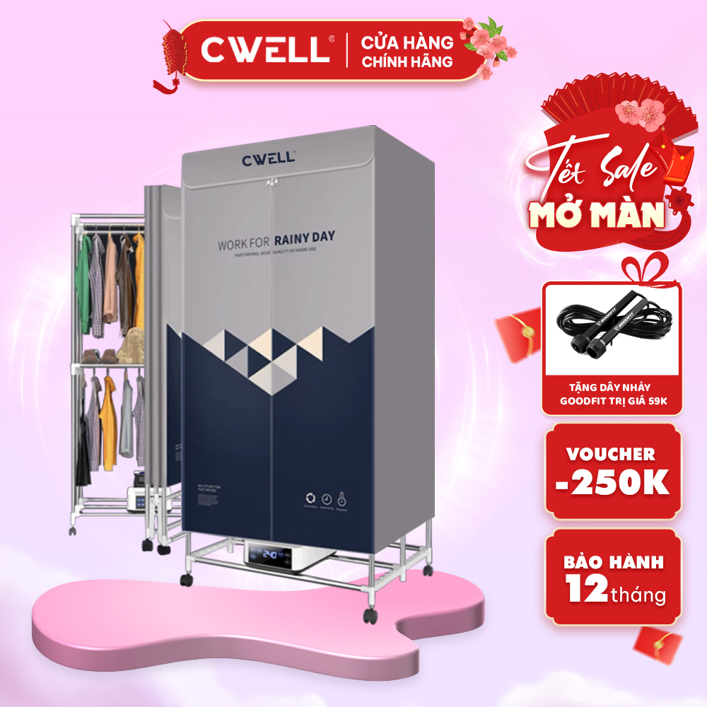  Tủ sấy quần áo CWell D23 máy sấy quần áo gấp gọn 1.7M công suất 2000W sấy nhanh khử khuẩn ION 