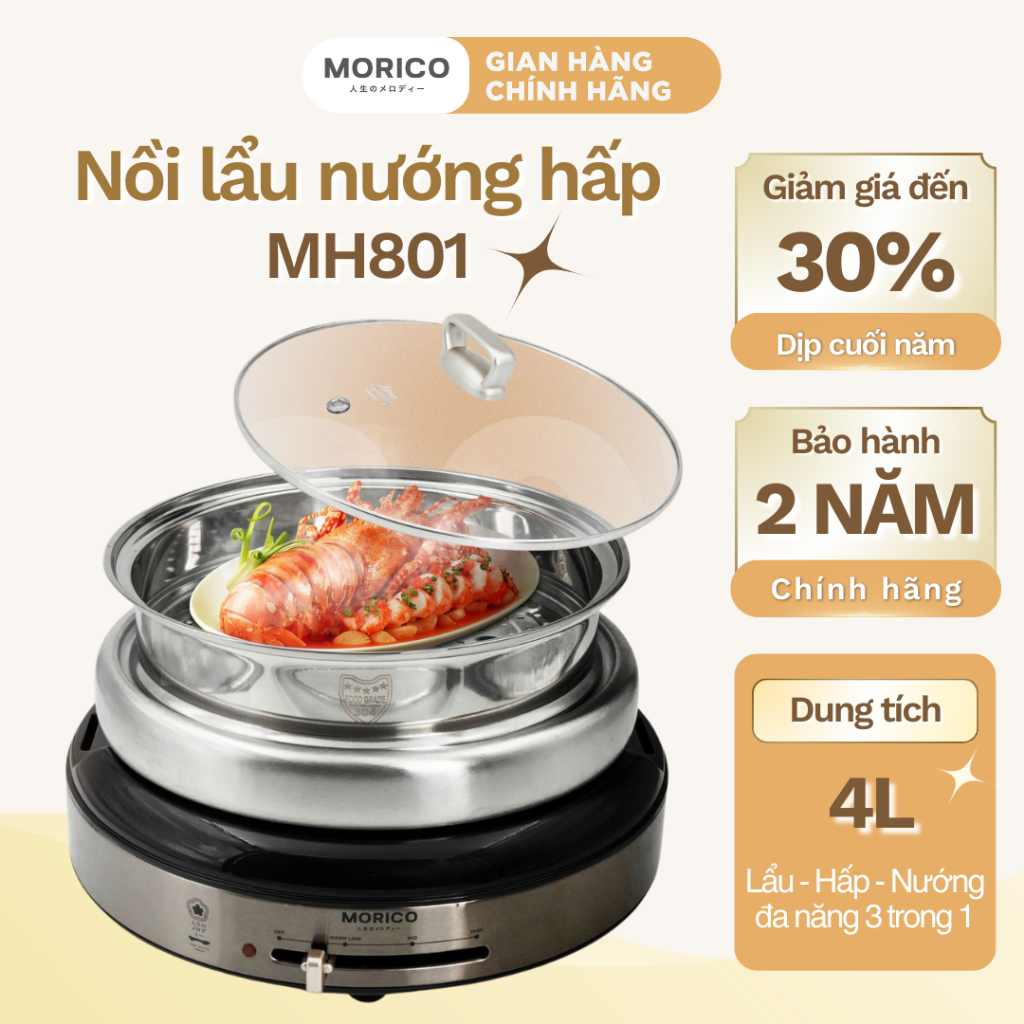 Nồi Lẩu Nướng Hấp 3in1 Morico MH801 4L – Đáy Vòng Cung 360°, Inox 304 Chống Dính, Công Suất 1300W