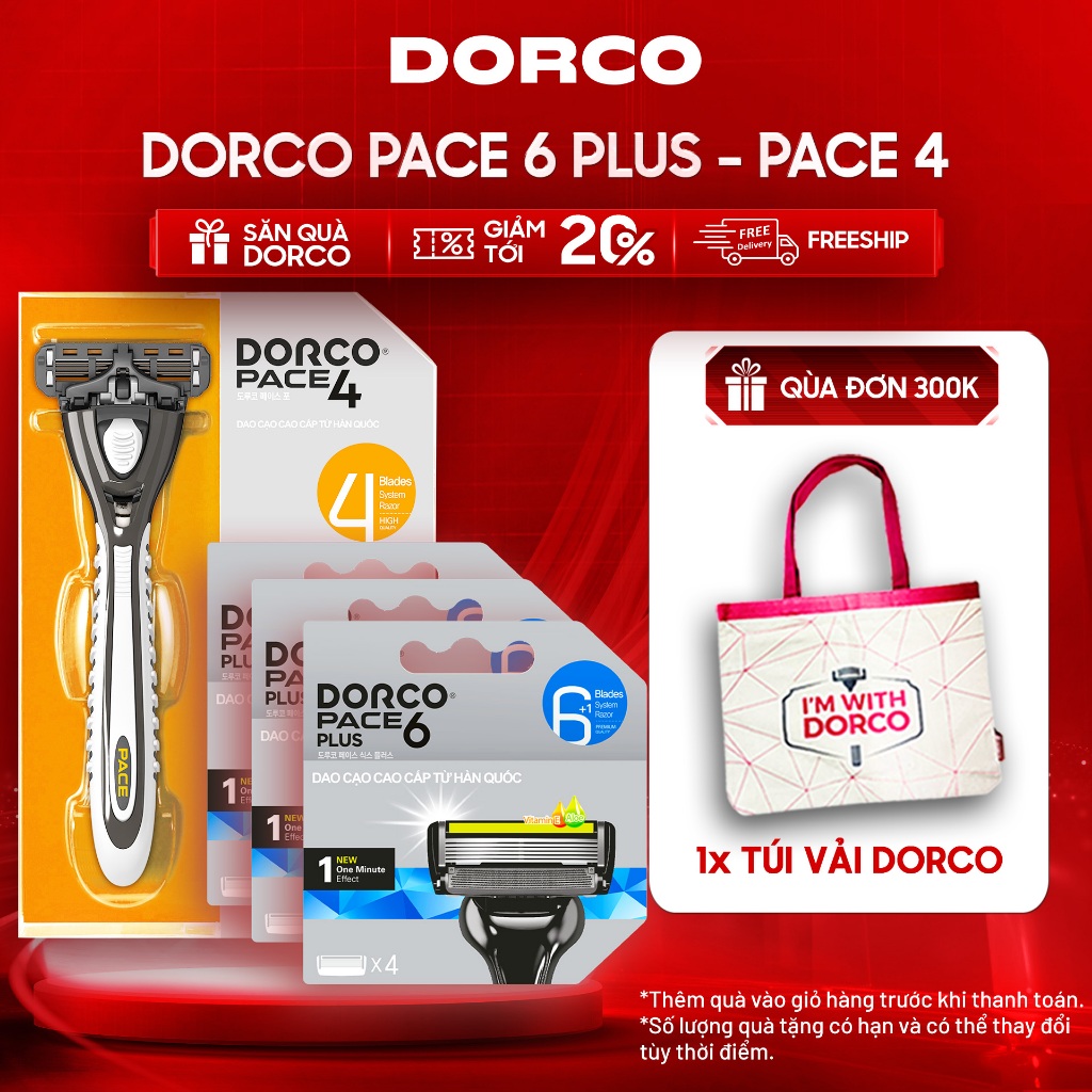 Combo 3 Hộp Đầu Cạo 6 Luỡi DORCO PACE 6 PLUS Tặng Dao Cạo Râu DORCO PACE 4 - 3xSXA5040-B & FRA1001-P