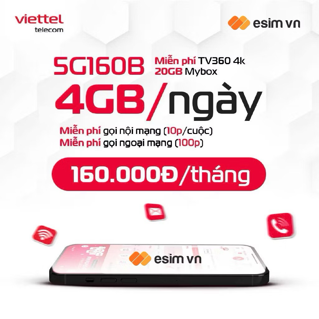 Sim Viettel trọn gói 6 tháng, 1 năm gói 5G160B