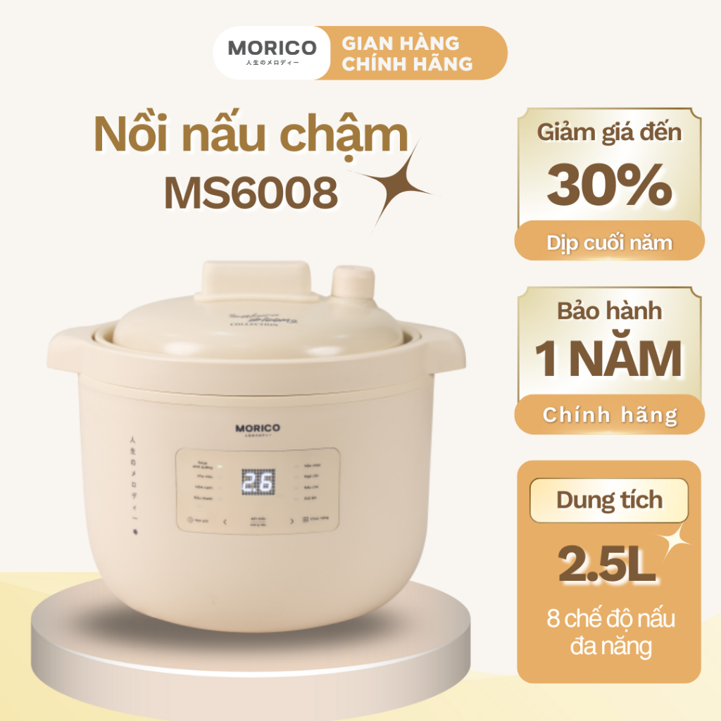 Nồi Nấu Chậm MORICO MS6008 – Giữ Ấm, Hẹn Giờ, 8 Chế Độ Tự Động, Gốm Ceramic An Toàn Sức Khỏe