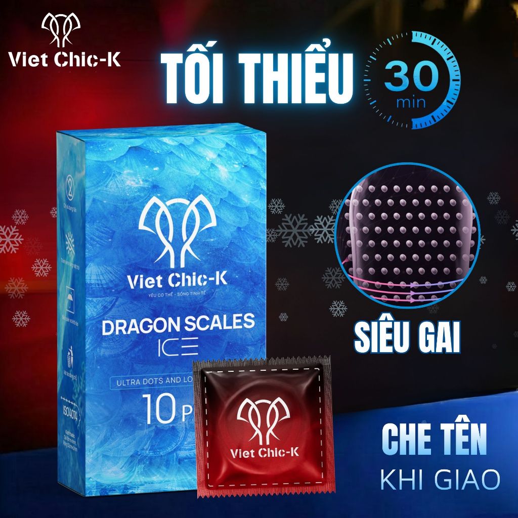 Bao cao su kéo dài thời gian Việt Chick Dragon Scales ICE chống xuất tinh sớm mỏng 001 size 52mm 10 chiếc/hộp