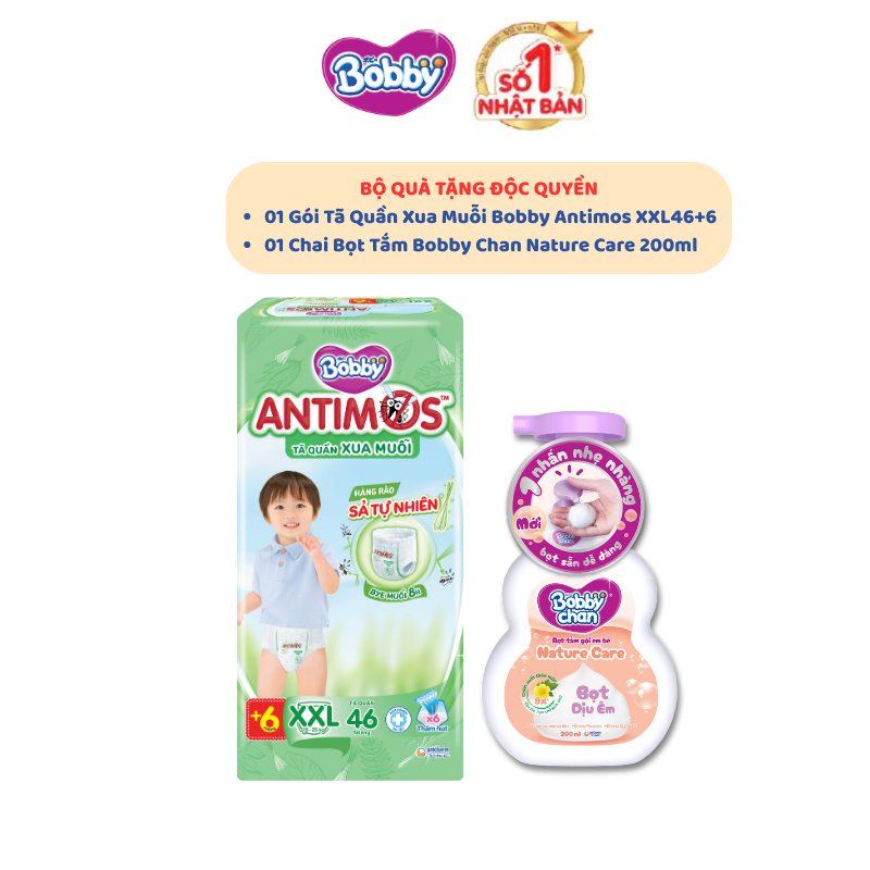 [MKB Gift]Combo 2 quà:1 gói tã quần xua muỗi Bobby AntimosXXL46+6 & 01 chai Bọt Tắm Bobby Chan Natur