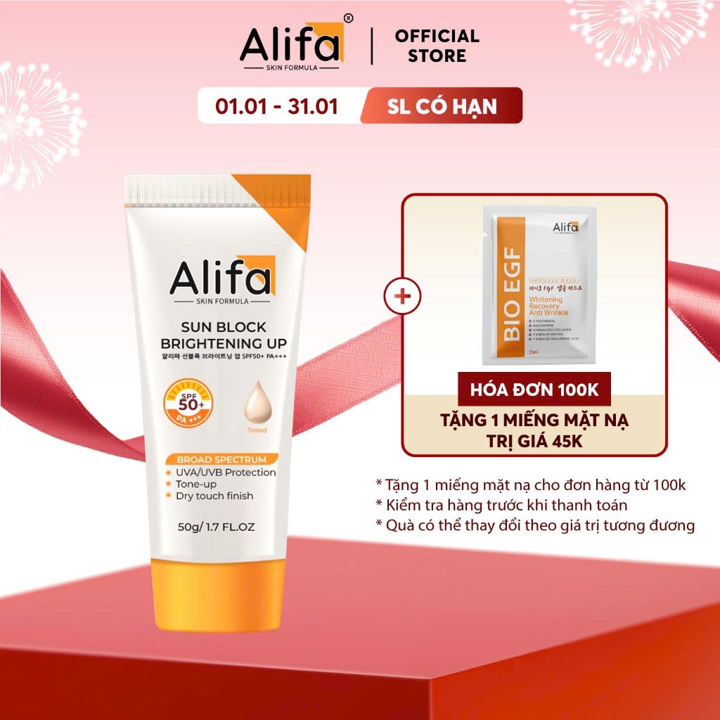 Kem chống nắng Alifa Sun Block Brightening Up 50g, SPF50+ PA+++, nâng tone, dưỡng da trắng mịn